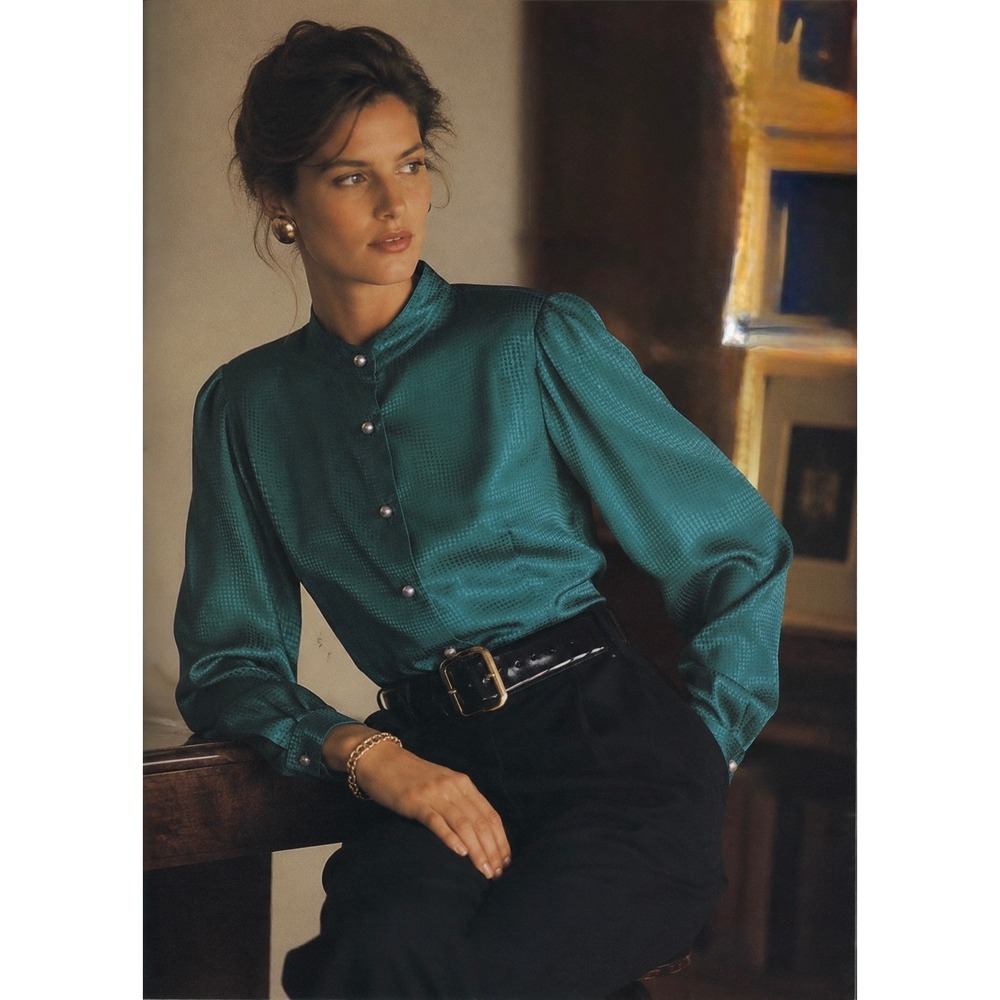 Vintage Teal Satin Jacquard Blouse Made In‎ Japan Pearl Buttons 80s Womens 9/10
